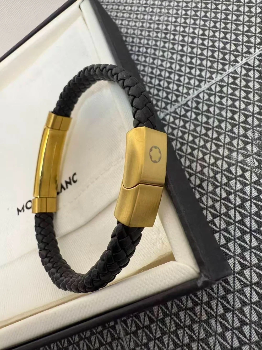 Montblanc Black Braided Leather Bracelet with Gold Accents